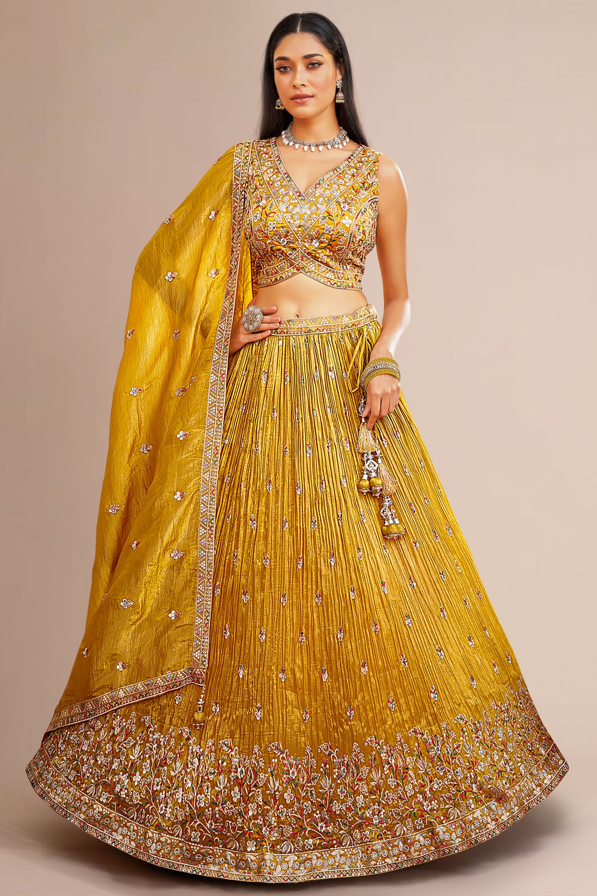 Golden Yellow Crepe Silk Sequin Embroidered Lehenga