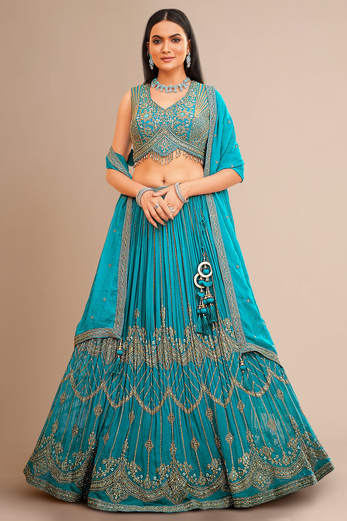 Turquoise Blue Georgette Embroidered Flared Lehenga