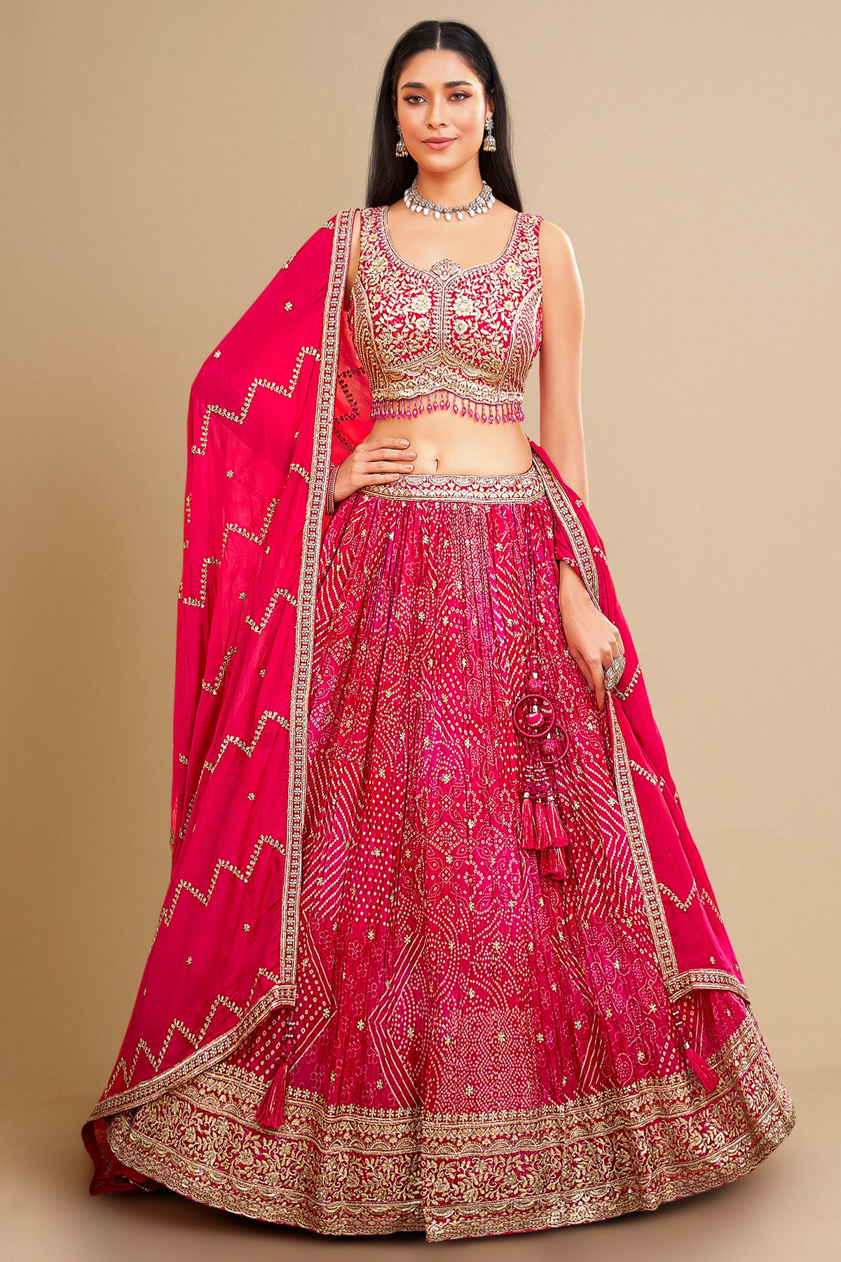 Pink Georgette Chinon Bandhej Print Lehenga with Sequin Embroidery Work