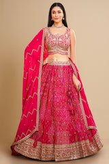 Pink Georgette Chinon Bandhej Print Lehenga with Sequin Embroidery Work