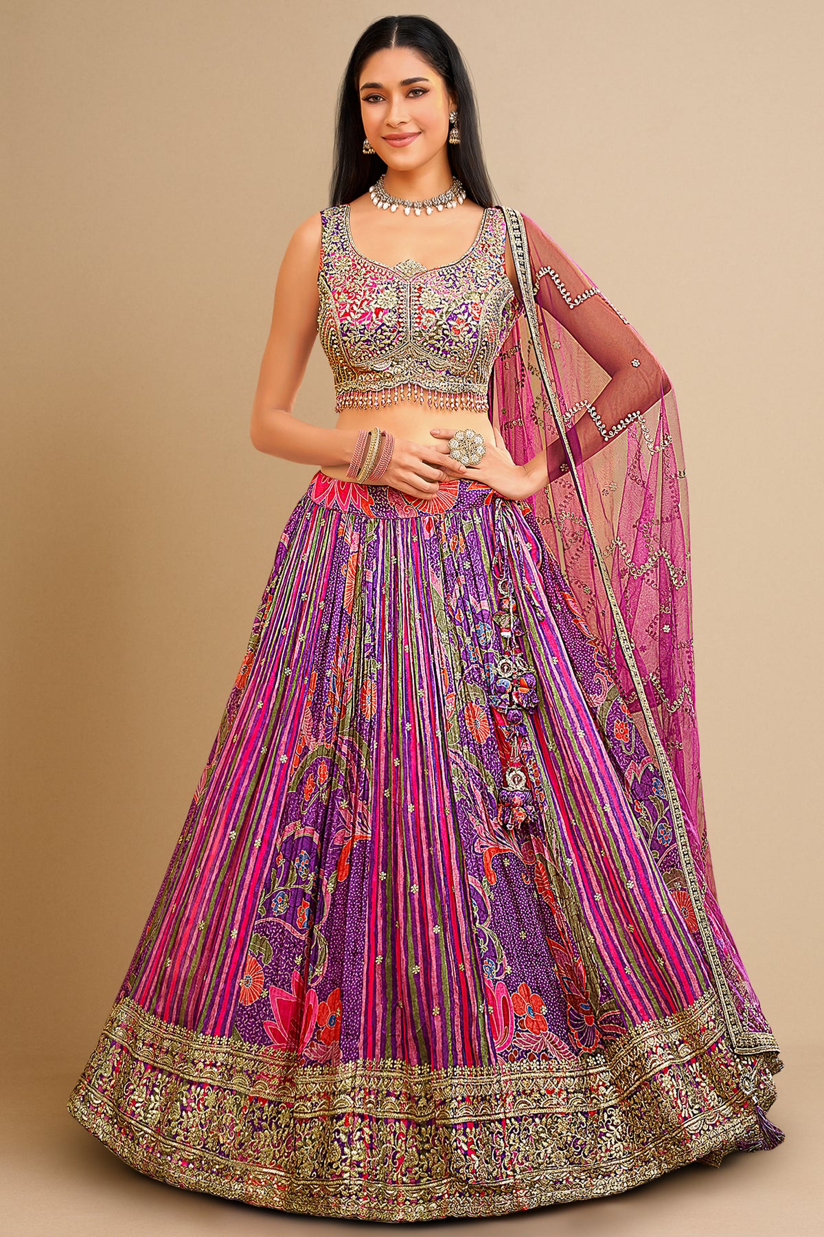 Multi Colored Chinon Silk Printed Lehenga with Embroidered Border