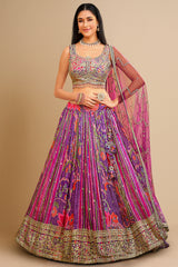 Multi Colored Chinon Silk Printed Lehenga with Embroidered Border