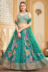 Turquoise Green Crepe Silk Floral Printed Lehenga with Sequin Embroidery
