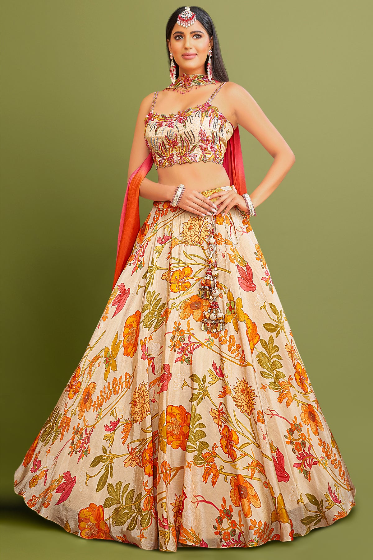 Cream Chinon Silk Floral Printed Lehenga with Choker Dupatta