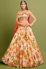 Cream Chinon Silk Floral Printed Lehenga with Choker Dupatta