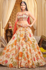 Cream Chinon Silk Floral Printed Lehenga with Choker Dupatta