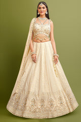 Ivory White Georgette Lucknowi Embroidered Lehenga with Sequin Work