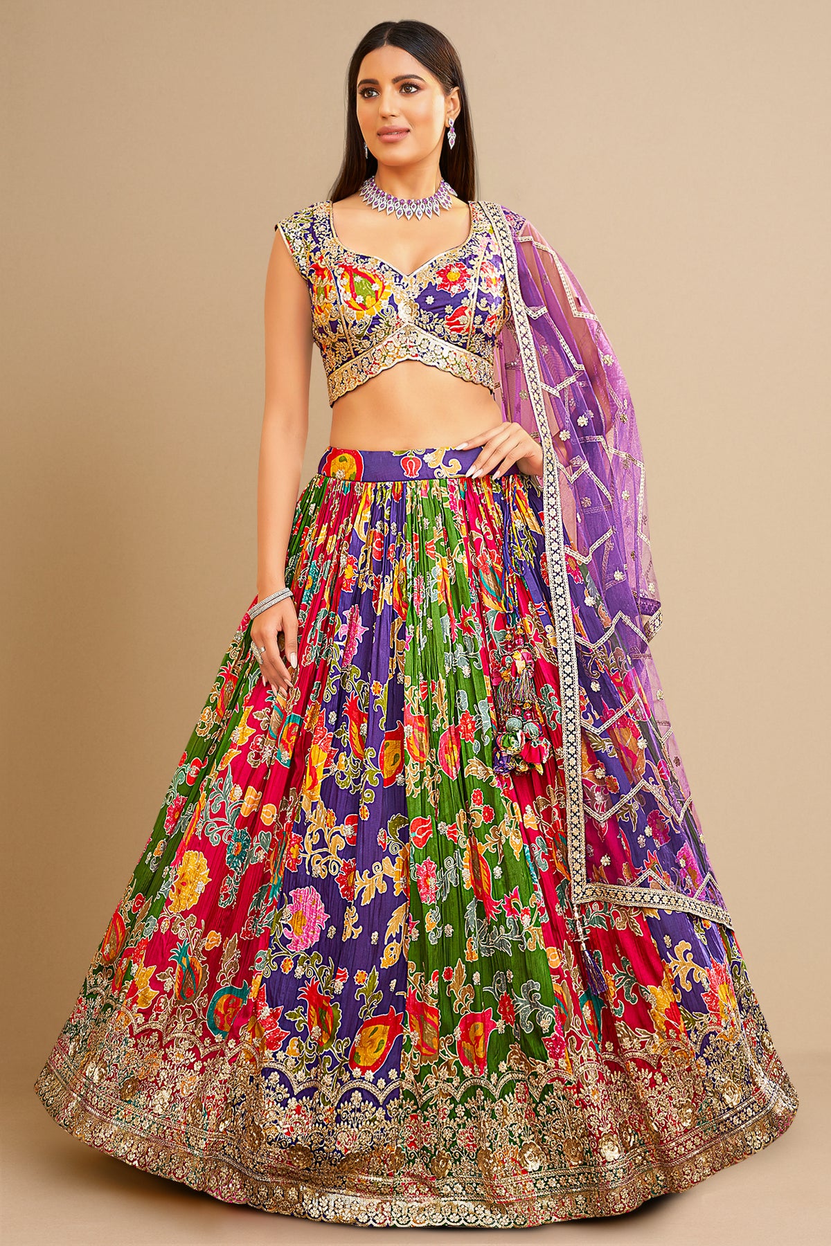 Multi Colored Crepe Silk Digital Printed Flared Lehenga with Embroidery Work