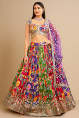 Multi Colored Crepe Silk Digital Printed Flared Lehenga with Embroidery Work