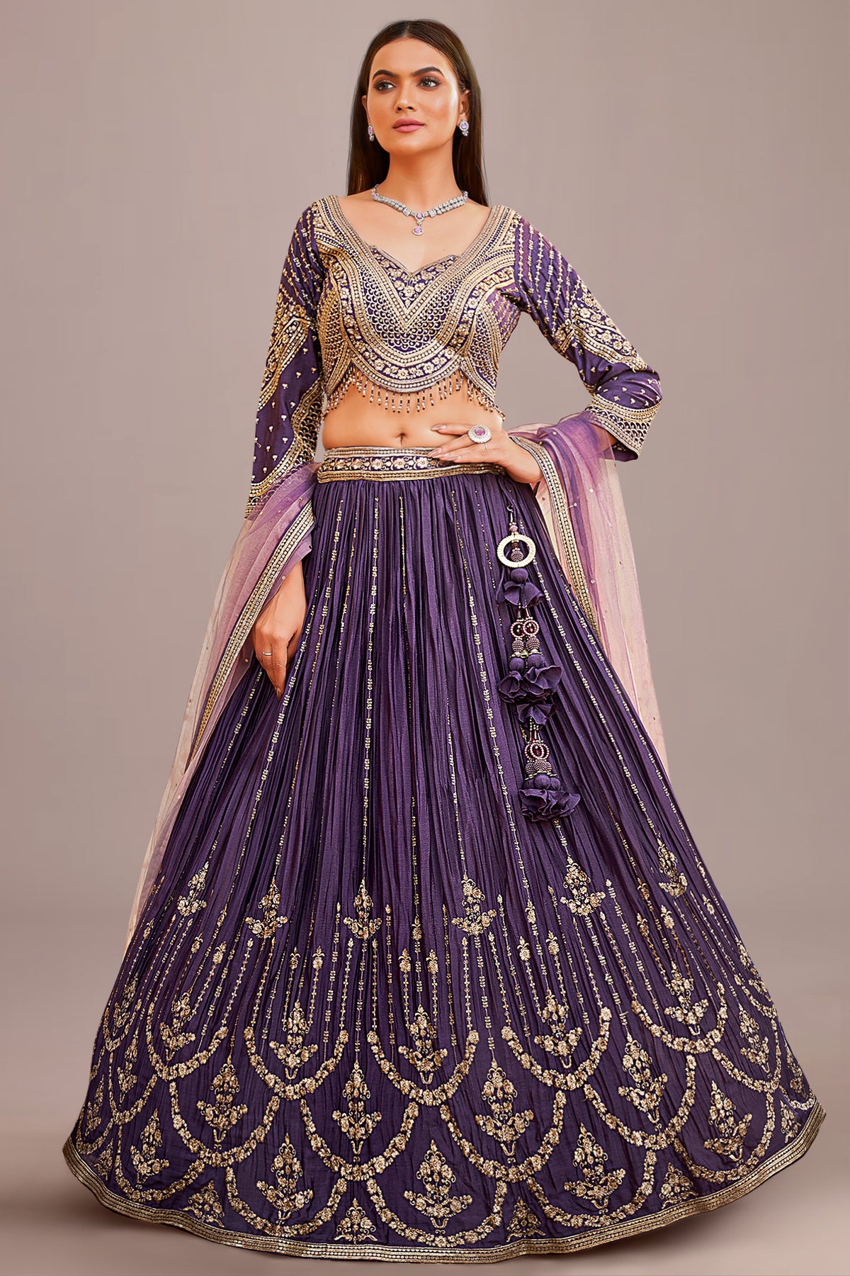 Deep Royal Purple Chinon Embroidered and Sequin Work Lehenga