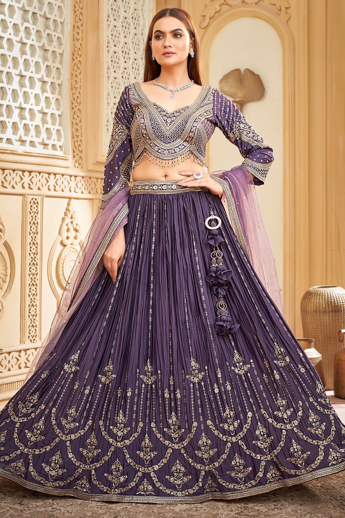 Deep Royal Purple Chinon Embroidered and Sequin Work Lehenga