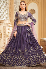 Deep Royal Purple Chinon Embroidered and Sequin Work Lehenga