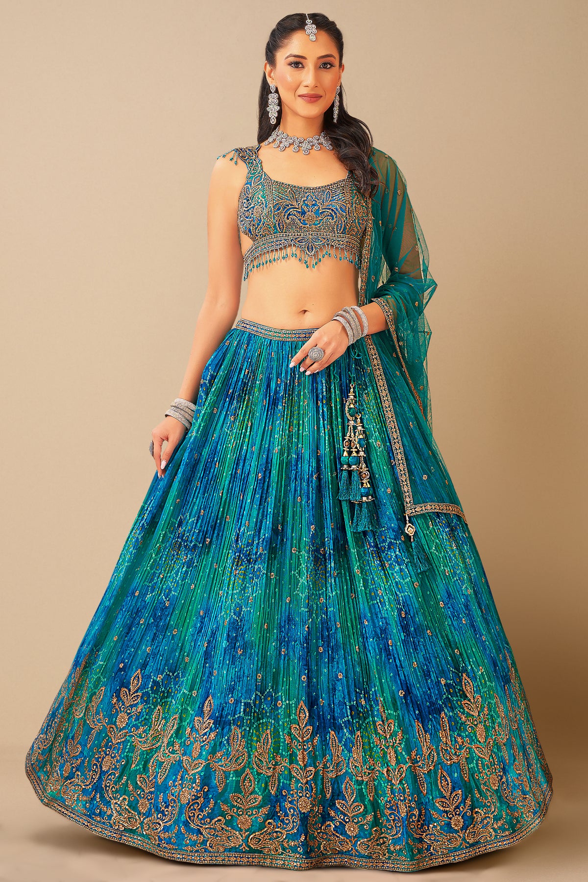 Turquoise Blue Chinon Bandhej Pleated Lehenga with Sequin Embroidery