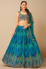 Turquoise Blue Chinon Bandhej Pleated Lehenga with Sequin Embroidery