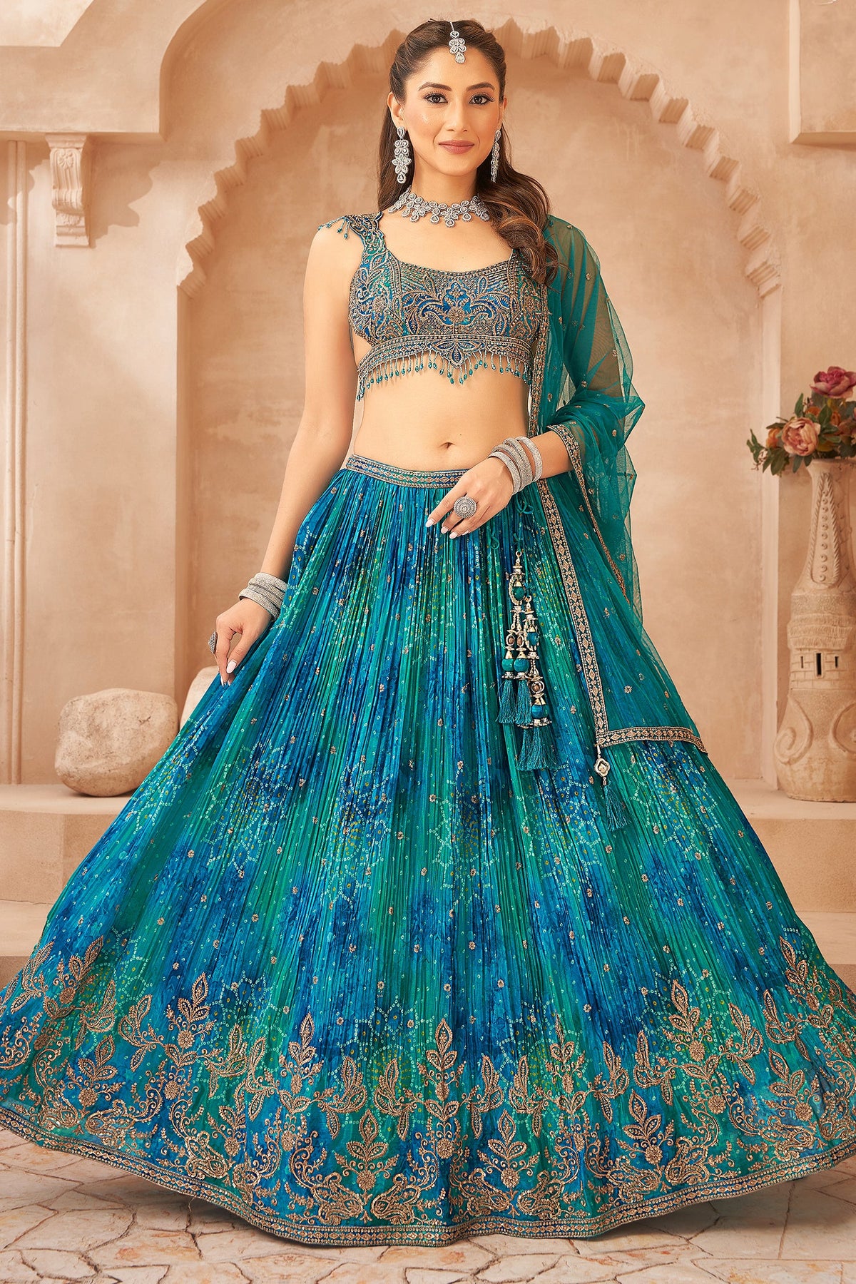 Turquoise Blue Chinon Bandhej Pleated Lehenga with Sequin Embroidery