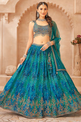 Turquoise Blue Chinon Bandhej Pleated Lehenga with Sequin Embroidery