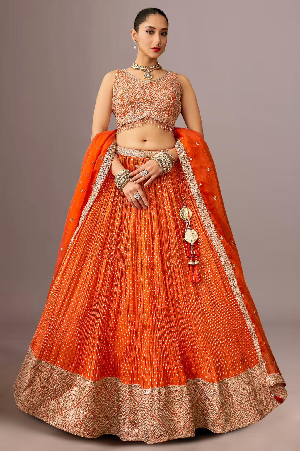 Orange Chinon Woven Butti Pleated Lehenga with Sequin Embroidery Work - orange saree embroidery