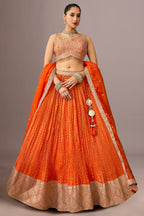 Orange Chinon Woven Butti Pleated Lehenga with Sequin Embroidery Work - orange saree embroidery