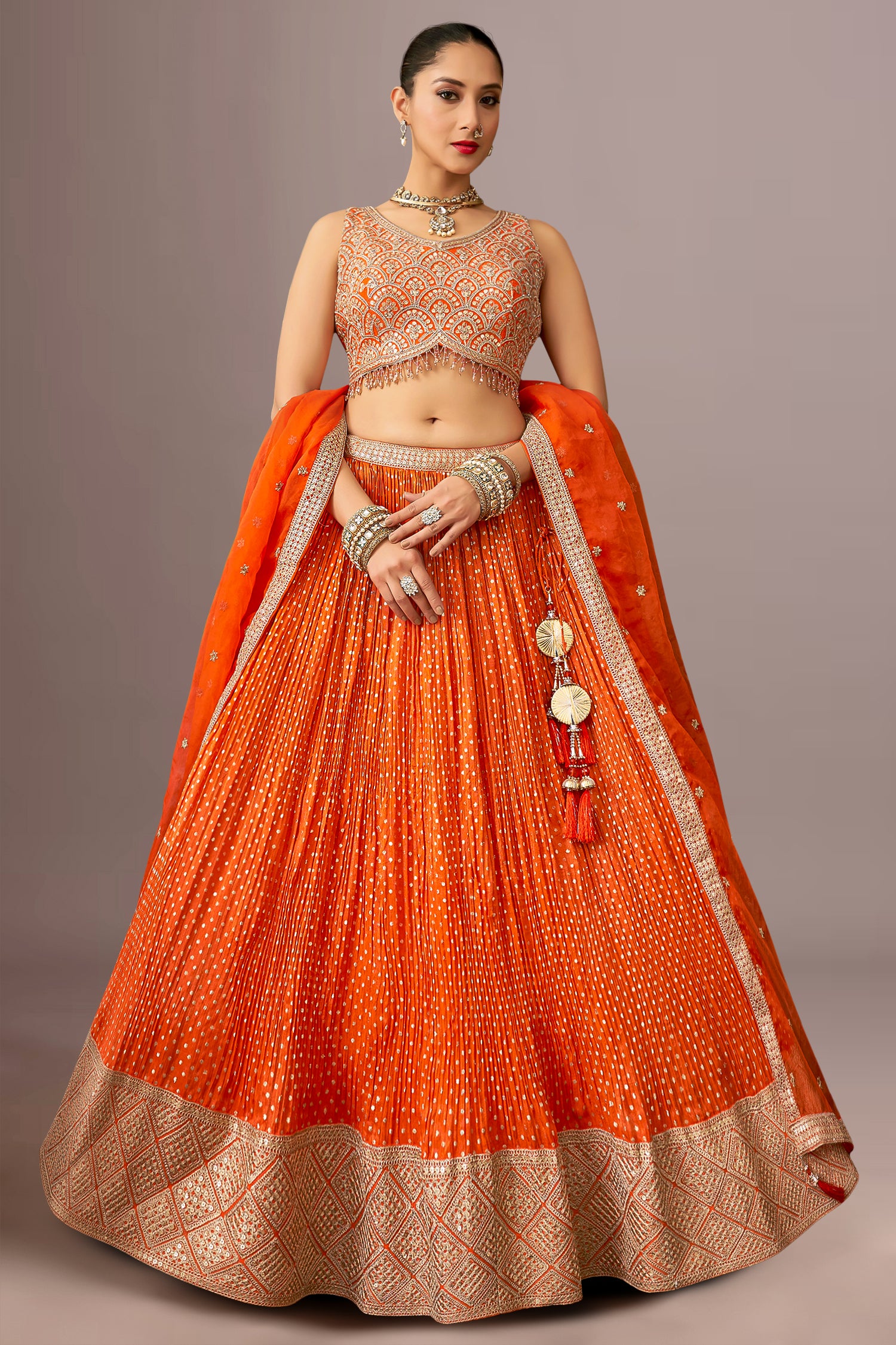 Orange Chinon Woven Butti Pleated Lehenga with Sequin Embroidery Work - orange saree embroidery