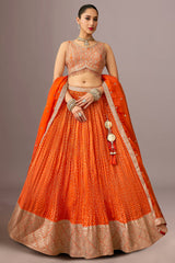 Orange Chinon Woven Butti Pleated Lehenga with Sequin Embroidery Work