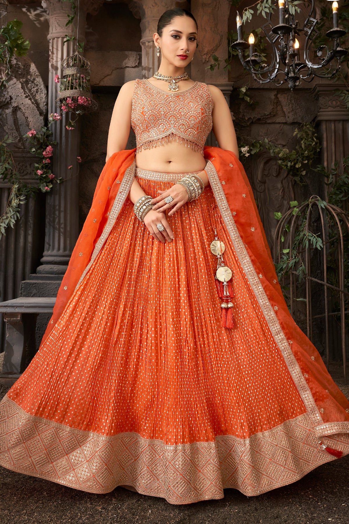 Orange Chinon Woven Butti Pleated Lehenga with Sequin Embroidery Work