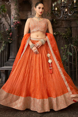 Orange Chinon Woven Butti Pleated Lehenga with Sequin Embroidery Work