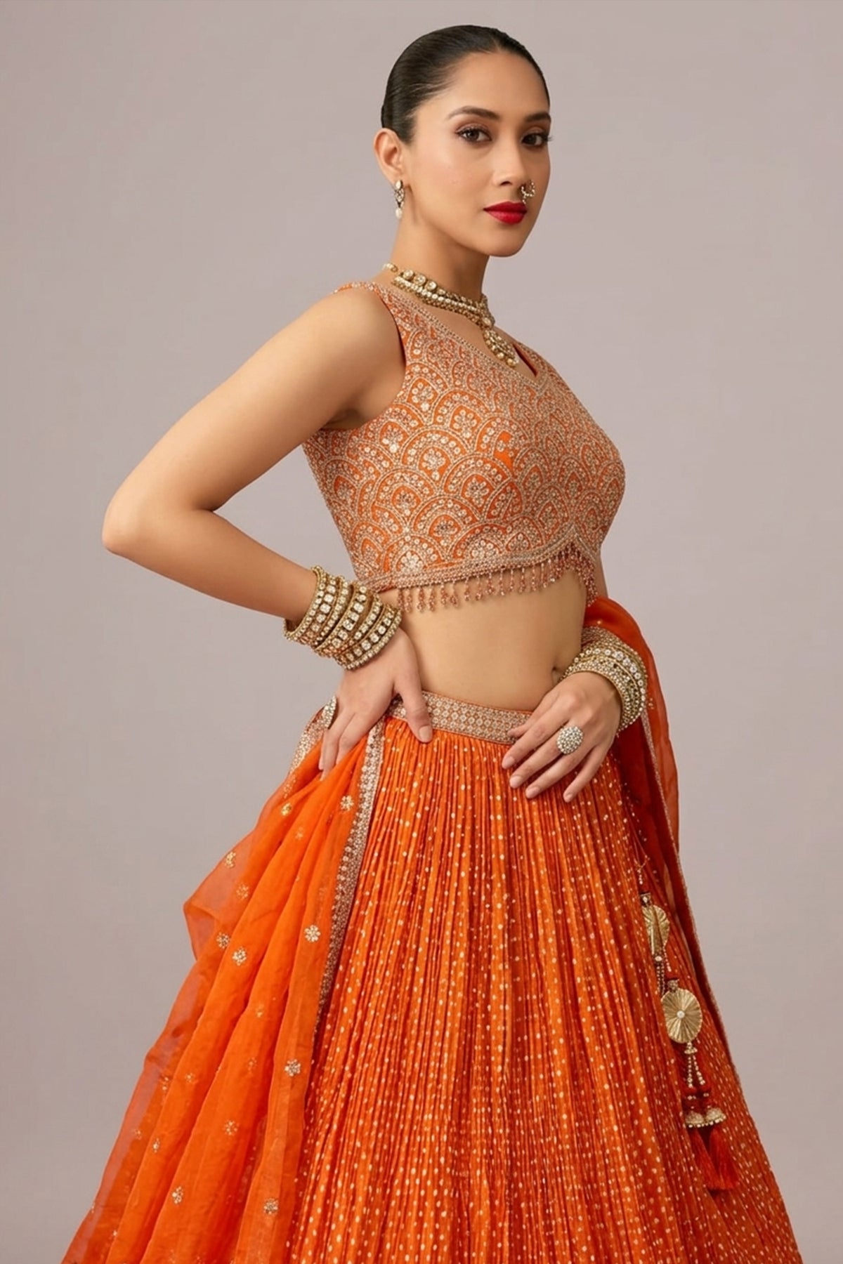 Orange Chinon Woven Butti Pleated Lehenga with Sequin Embroidery Work - orange saree embroidery