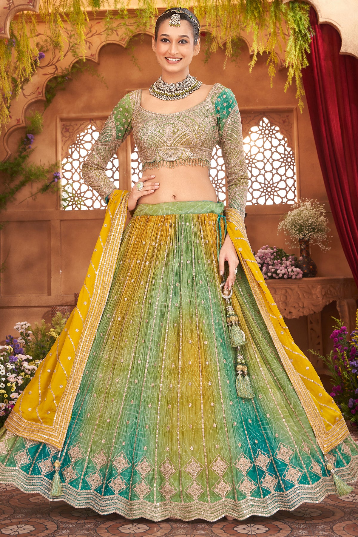 Multi Colored Chinon Silk Bandhej Lehenga with Sequin Embroidery Work - red silk saree bandhej