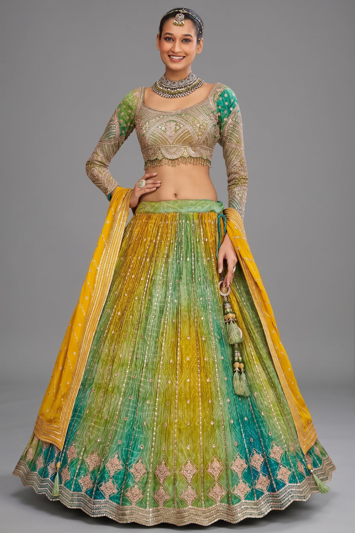 Multi Colored Chinon Silk Bandhej Lehenga with Sequin Embroidery Work - red silk saree bandhej