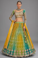 Multi Colored Chinon Silk Bandhej Lehenga with Sequin Embroidery Work - red silk saree bandhej