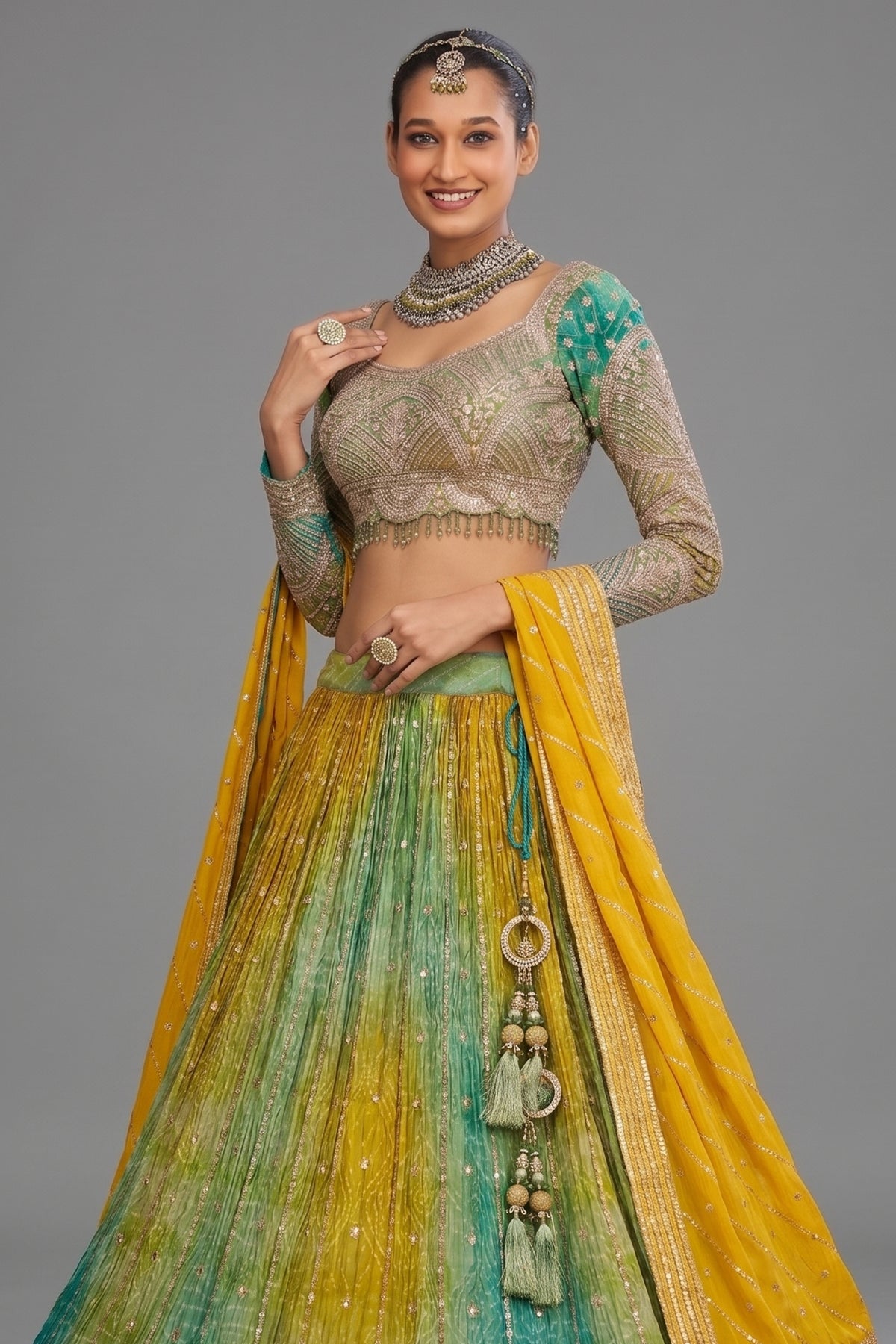 Multi Colored Chinon Silk Bandhej Lehenga with Sequin Embroidery Work - red silk saree bandhej