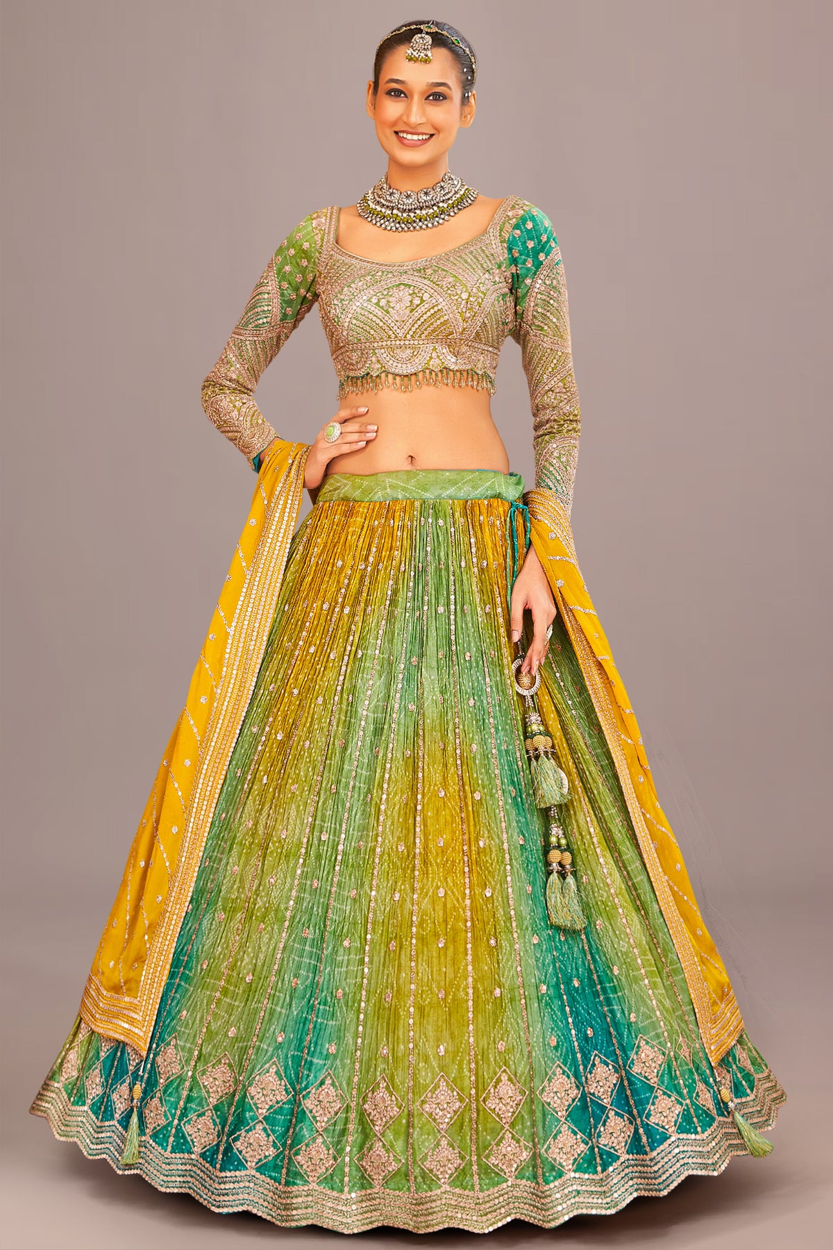 Multi Colored Chinon Silk Bandhej Lehenga with Sequin Embroidery Work