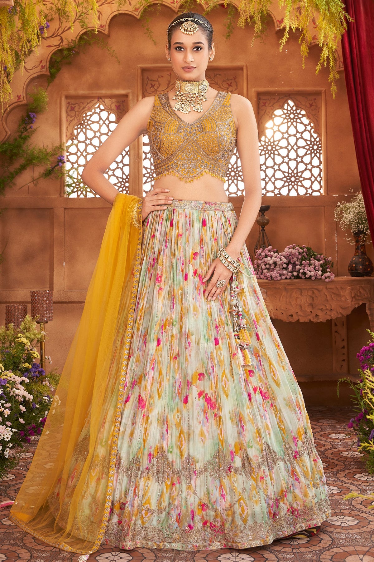 Cream Chinon Silk Printed Lehenga with Sequin Embroidery Work