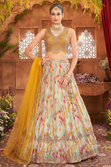 Cream Chinon Silk Printed Lehenga with Sequin Embroidery Work