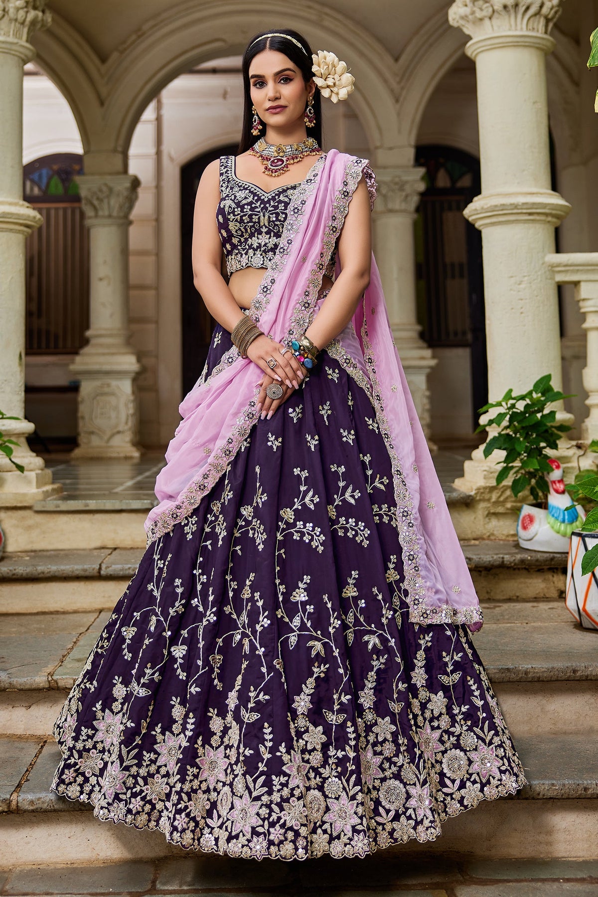 Magenta Tissue All Over Embroidered Lehenga