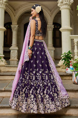 Magenta Tissue All Over Embroidered Lehenga