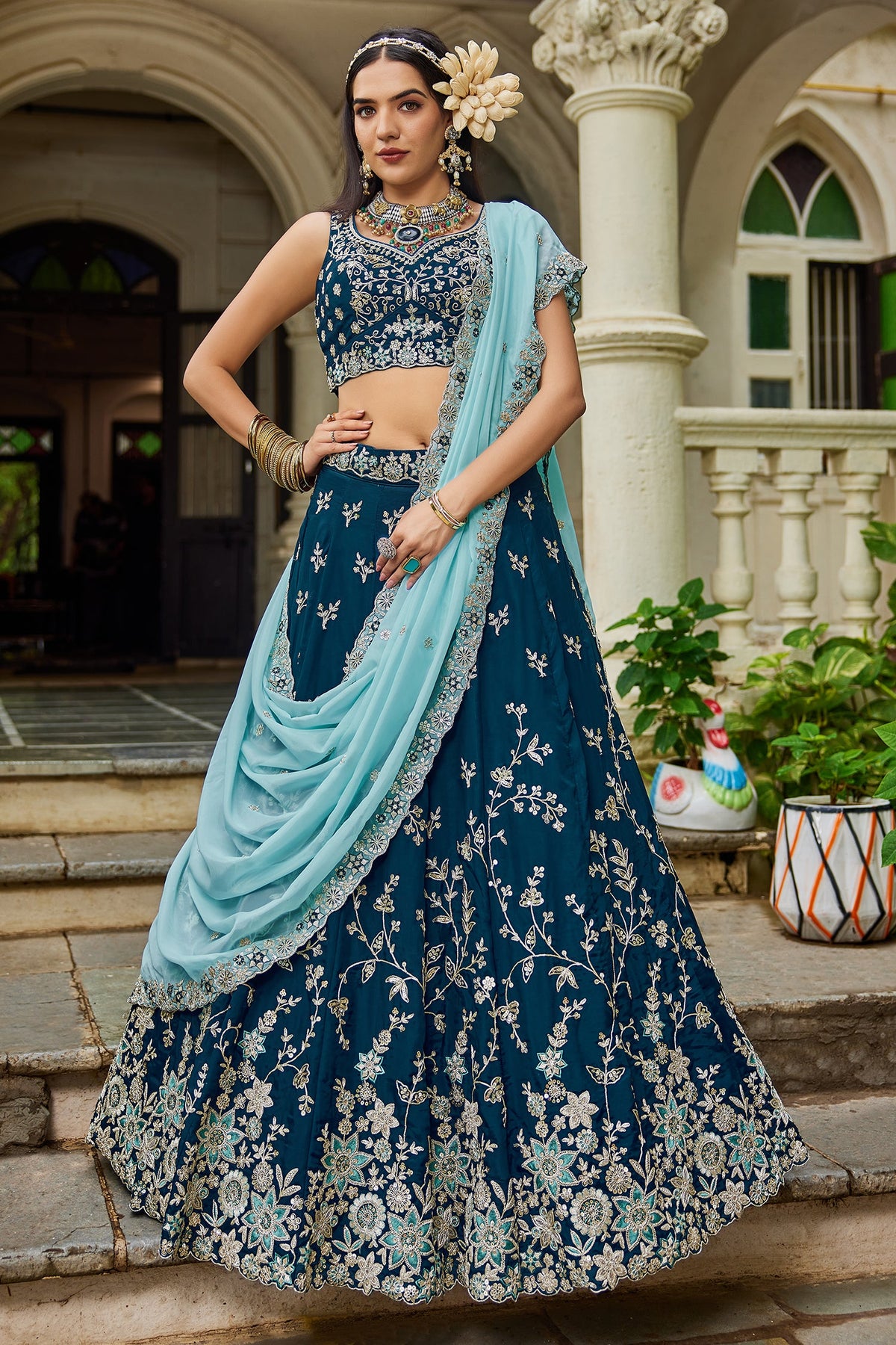 Navy Blue Tissue All Over Embroidered Lehenga