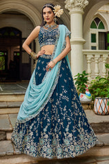 Navy Blue Tissue All Over Embroidered Lehenga