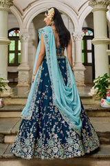 Navy Blue Tissue All Over Embroidered Lehenga