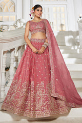 Coral Pink Georgette Embroidered and Sequin Worked Lehenga