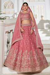 Coral Pink Georgette Embroidered and Sequin Worked Lehenga