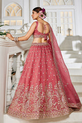 Coral Pink Georgette Embroidered and Sequin Worked Lehenga