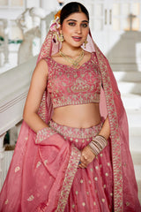 Coral Pink Georgette Embroidered and Sequin Worked Lehenga