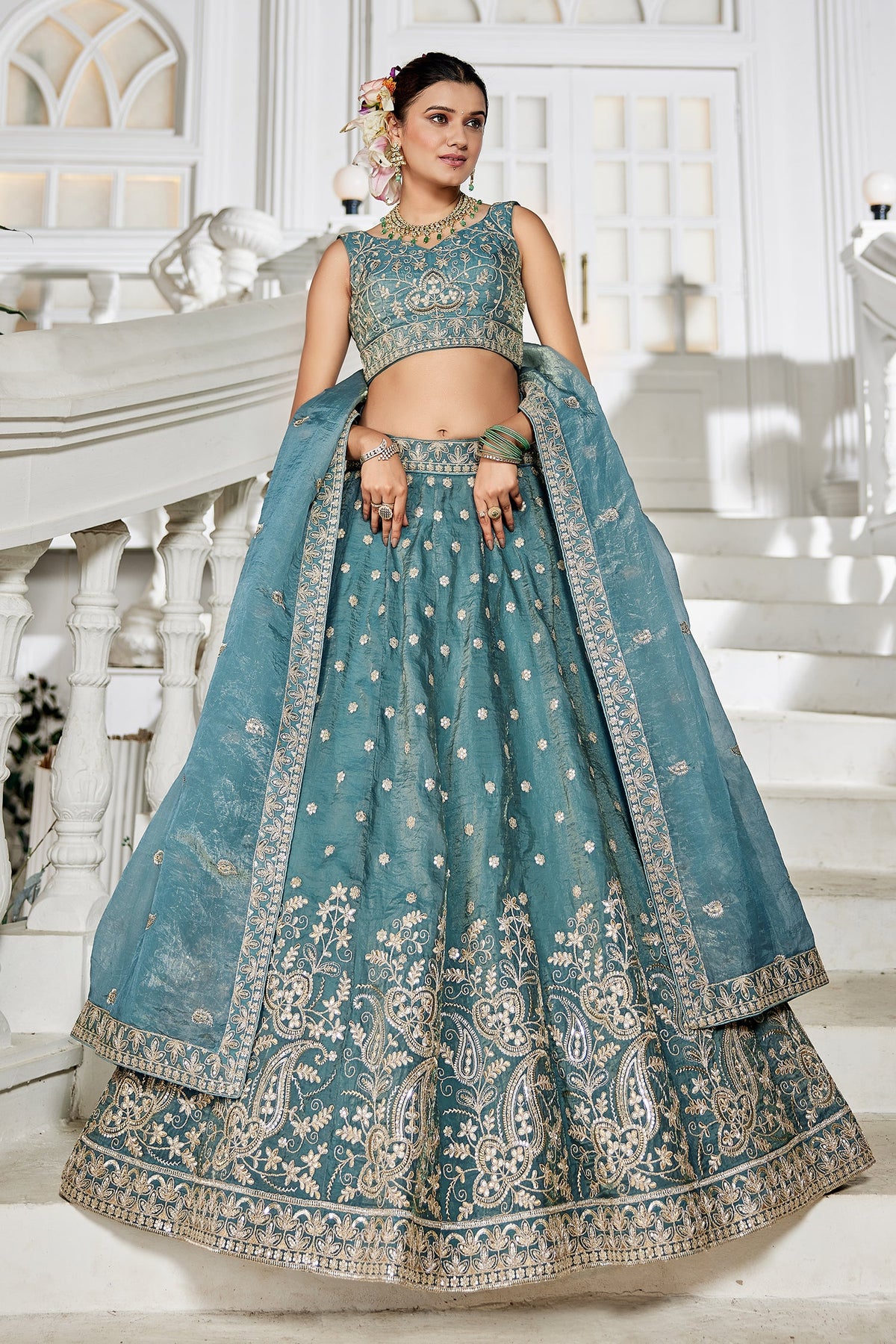 Sea Green Georgette Embroidered and Sequin Worked Lehenga