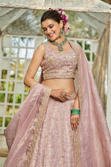 Mauve Georgette Crush Silk Embroidered and Sequin Worked Lehenga