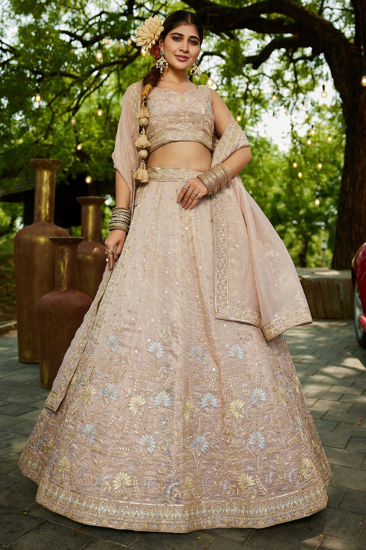 Nude Peach Georgette Crush Silk Embroidered and Sequin Worked Lehenga
