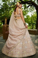 Nude Peach Georgette Crush Silk Embroidered and Sequin Worked Lehenga