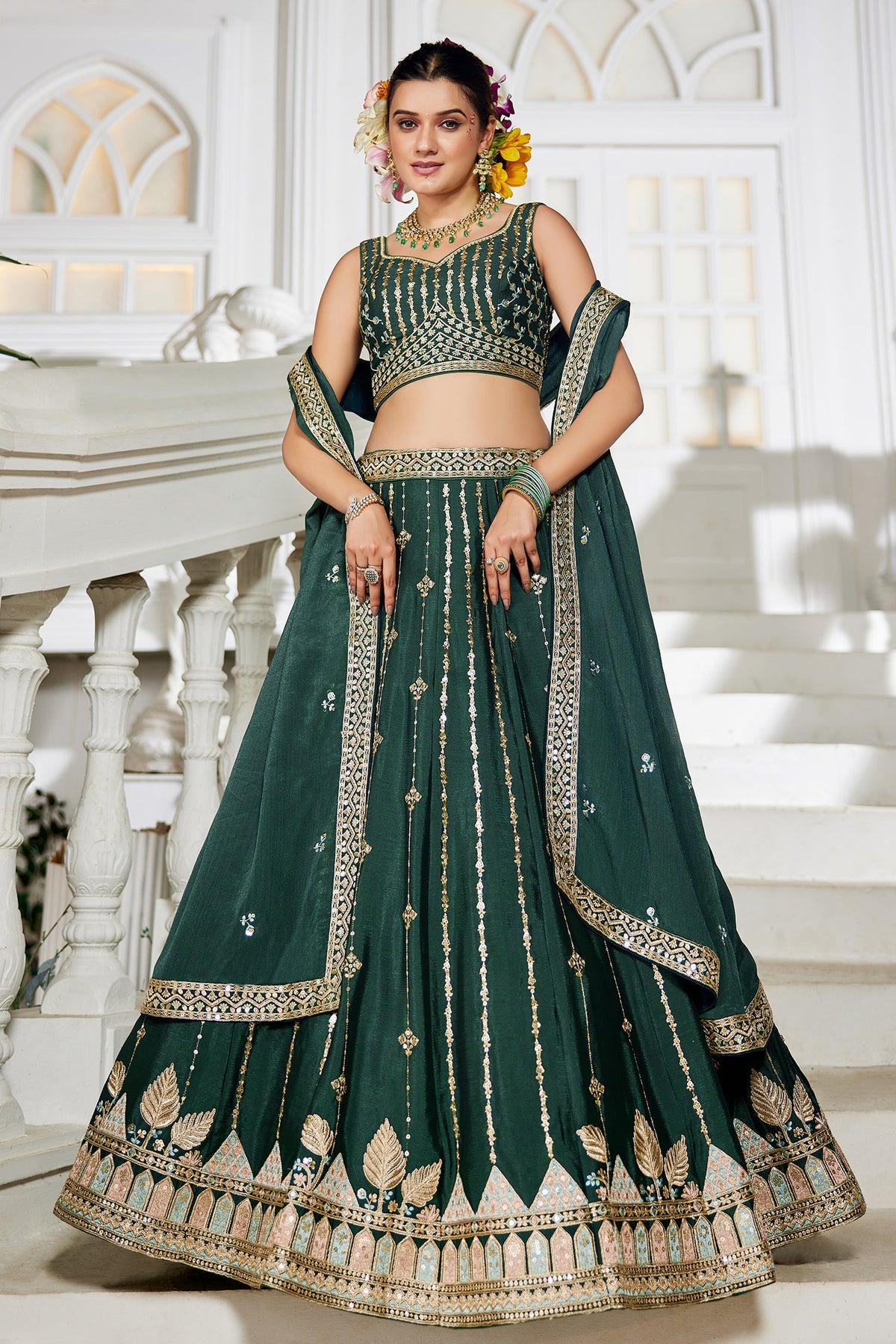 Bottle Green Georgette Sequin Embroidered Lehenga