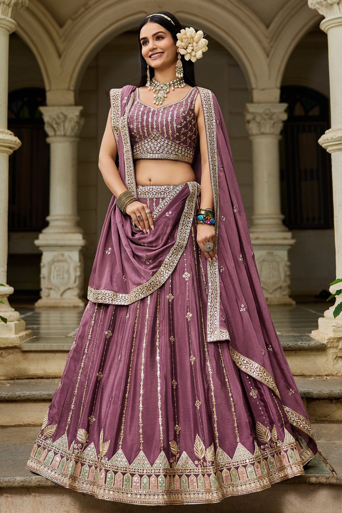 Rose Pink Georgette Sequin Embroidered Lehenga
