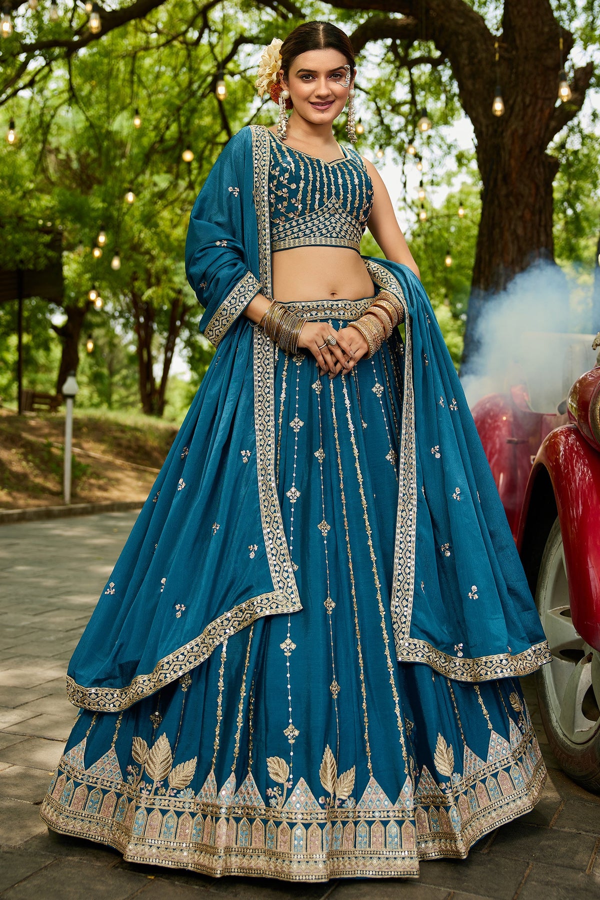 Teal Blue Georgette Sequin Embroidered Lehenga